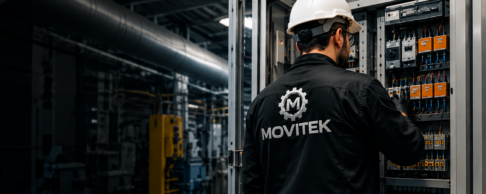 Técnico da MOVITEK realizando manutenção em painel elétrico industrial